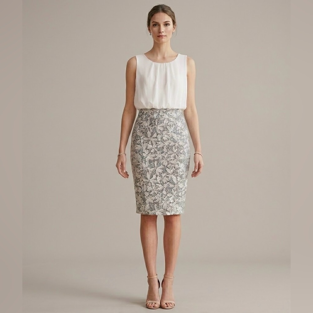 NEW White/Gray Floral Print Bodycon Knee Length Pencil Dress